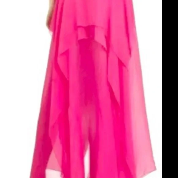 BCBG Basha Begonia Barbie Pink Bow Tie Long Silk Sheer Chiffon Tiered Maxi Dress